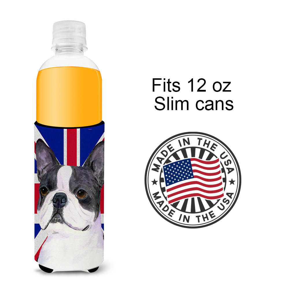 Boston Terrier with English Union Jack British Flag Slim Can Hugger , Insulated Foam Hugger for 12 oz Slim Cans, Beer Bottles & Water Bottles, Printed in USA