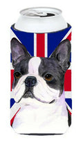 Boston Terrier with English Union Jack British Flag Tall Boy Hugger Can Cooler Sleeve Machine Washable Drink Collapsible Insulator Beverage Insulated Holder