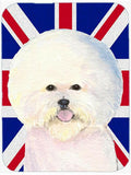 Bichon Frise with English Union Jack British Flag Cutting Board Tempered Glass Kitchen Cutting Surface, Heat Resistant Chopping, Non-Slip Feet, Food Prep & Serving