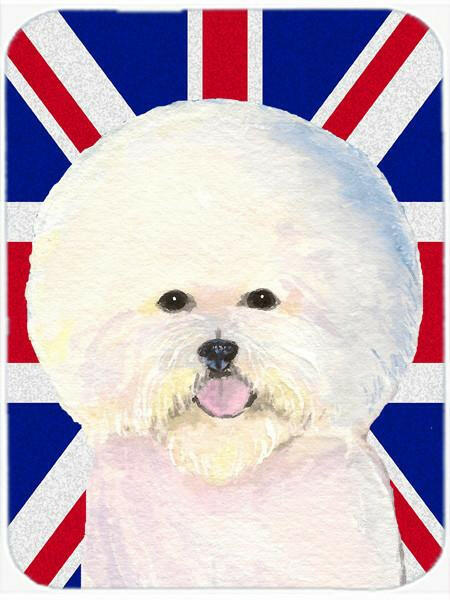 Bichon Frise with English Union Jack British Flag Cutting Board Tempered Glass Kitchen Cutting Surface, Heat Resistant Chopping, Non-Slip Feet, Food Prep & Serving