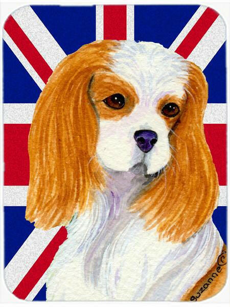 Cavalier Spaniel with English Union Jack British Flag Cutting Board Tempered Glass Kitchen Cutting Surface, Heat Resistant Chopping, Non-Slip Feet, Food Prep & Serving
