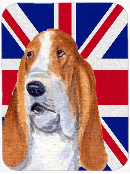 Basset Hound with English Union Jack British Flag Cutting Board Tempered Glass Kitchen Cutting Surface, Heat Resistant Chopping, Non-Slip Feet, Food Prep & Serving
