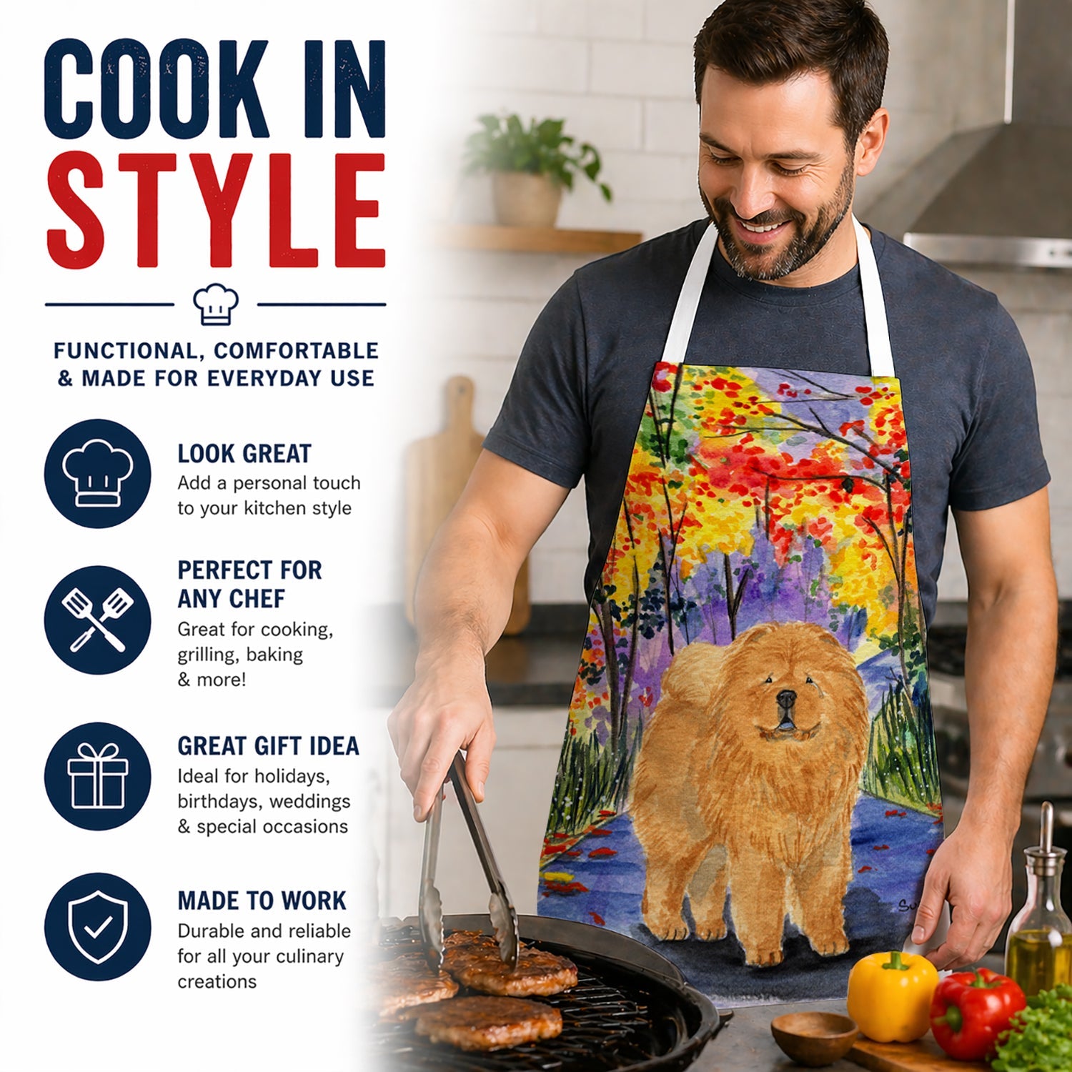 Chow Chow Apron Cooking Kitchen Server Baking Crafts Gardening for Adult Women Men, Unisex, Large, Multicolor