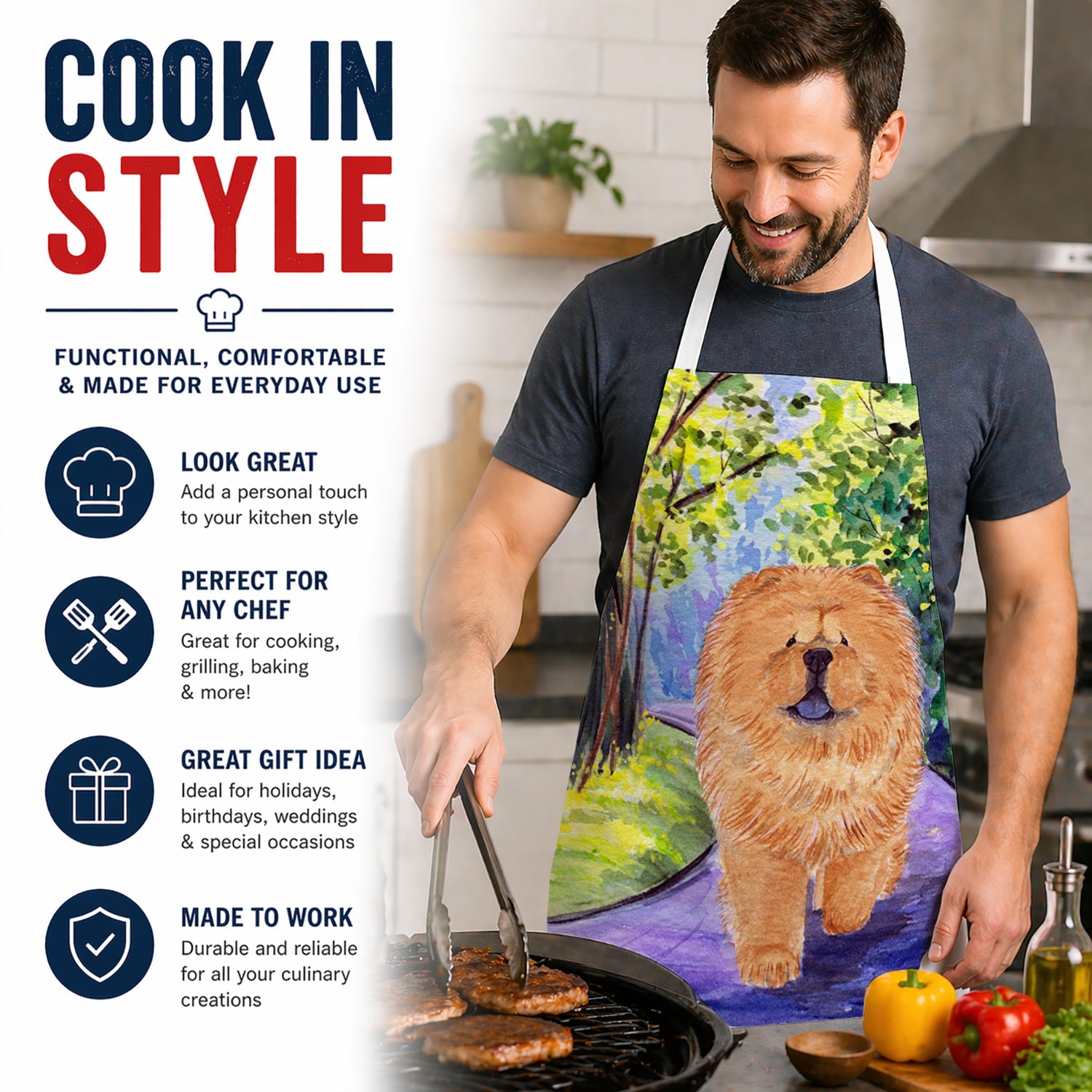 Chow Chow Apron Cooking Kitchen Server Baking Crafts Gardening for Adult Women Men, Unisex, Large, Multicolor