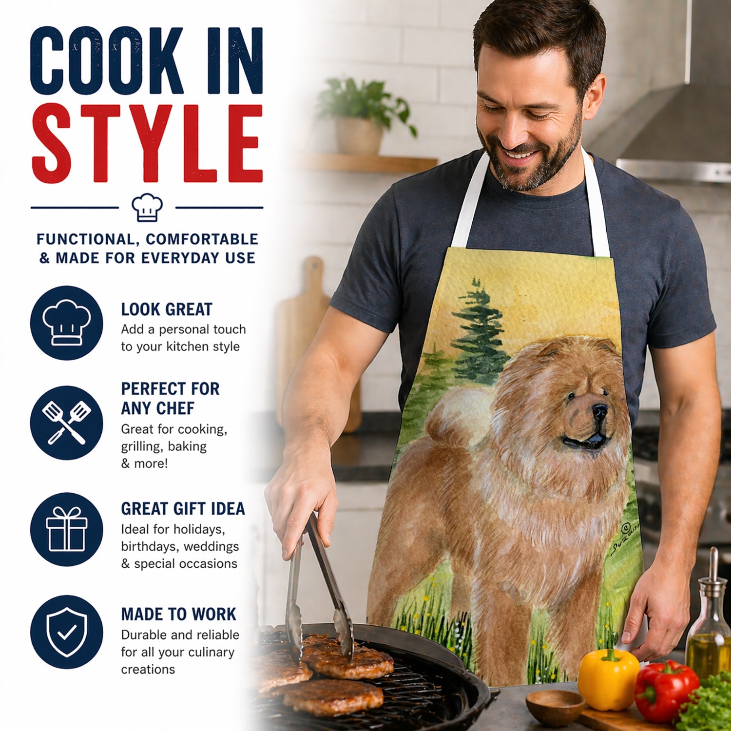 Chow Chow Apron Cooking Kitchen Server Baking Crafts Gardening for Adult Women Men, Unisex, Large, Multicolor