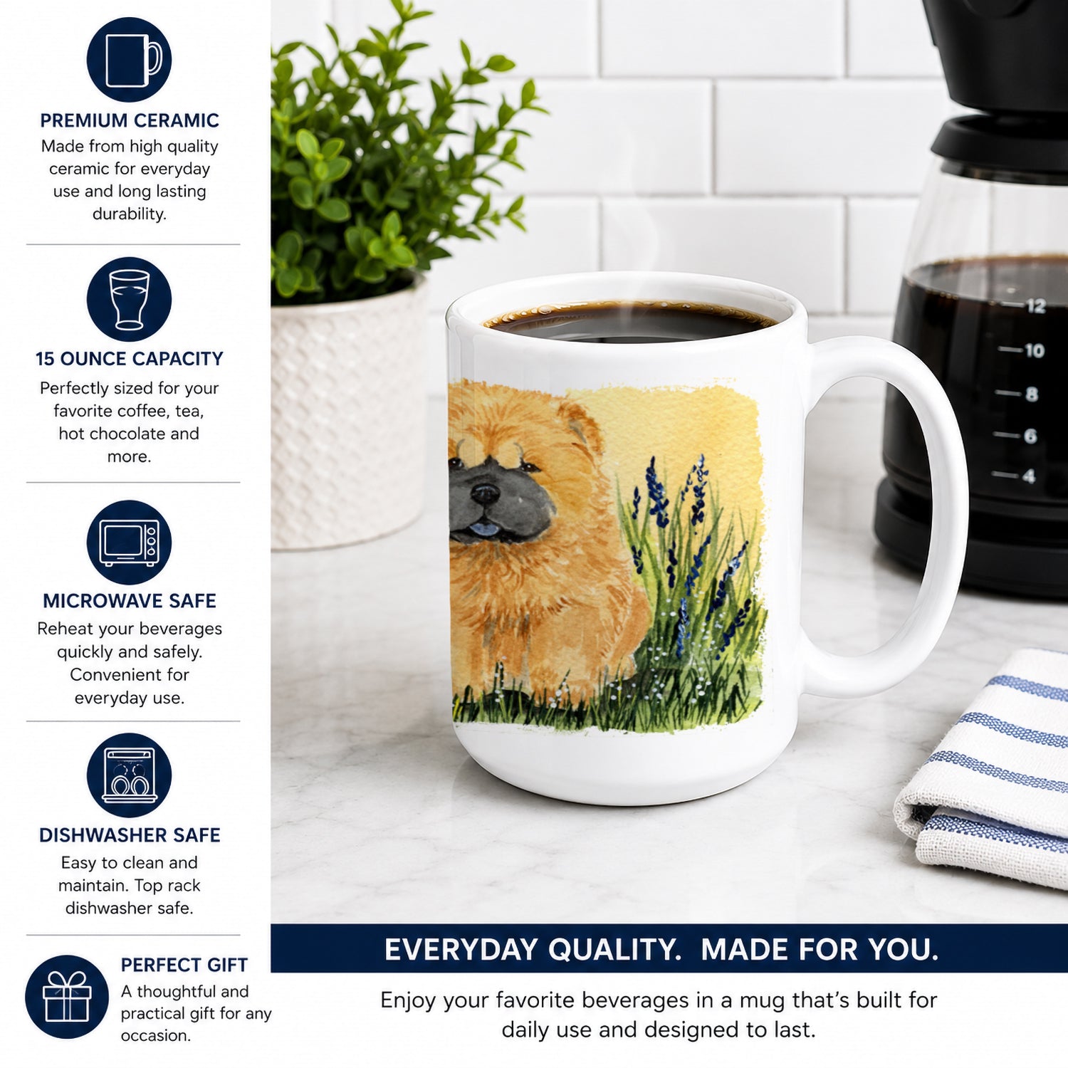 Chow Chow Ceramic Coffee Mug 15 oz Decorative Large C Handle Mug Cup for Tea, Cocoa Hot Chocolate
