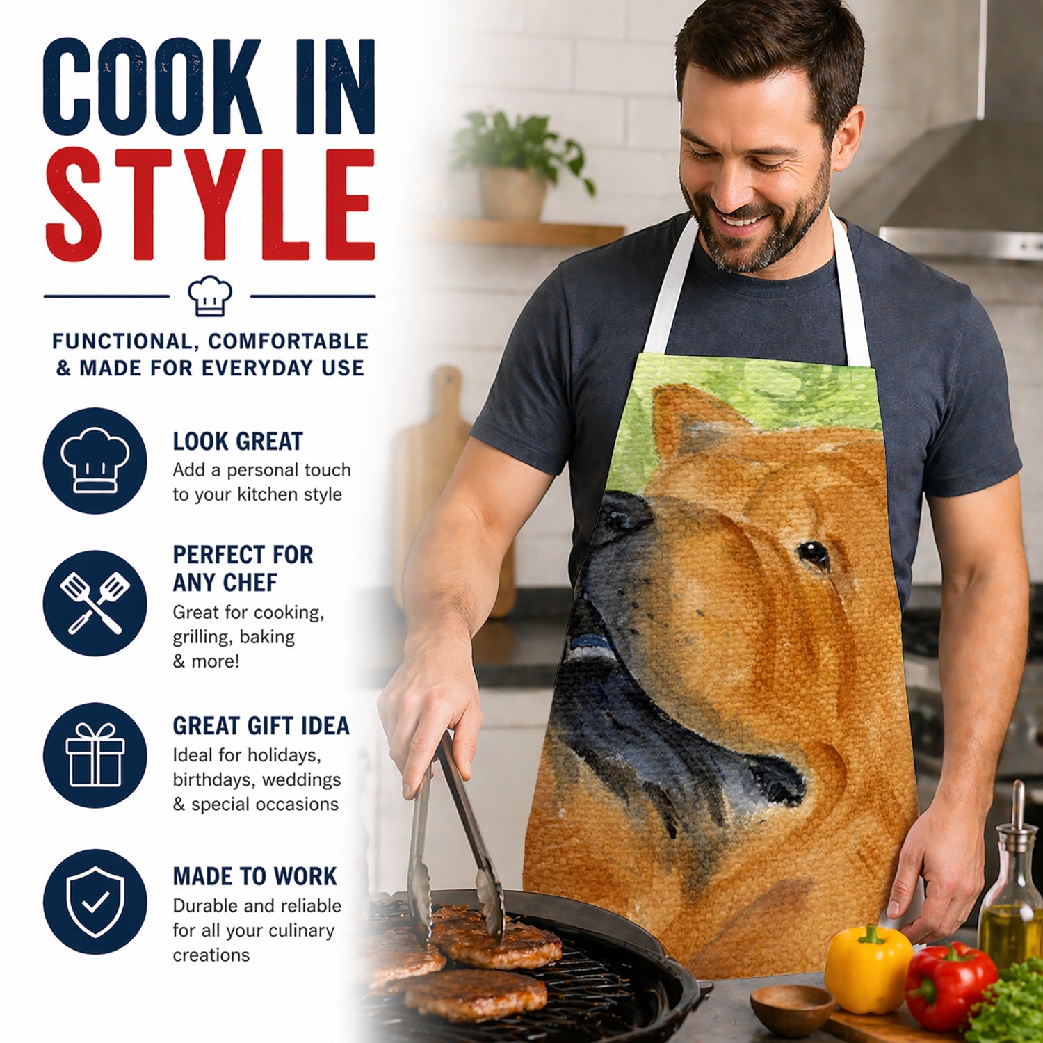 Chow Chow Apron Cooking Kitchen Server Baking Crafts Gardening for Adult Women Men, Unisex, Large, Multicolor