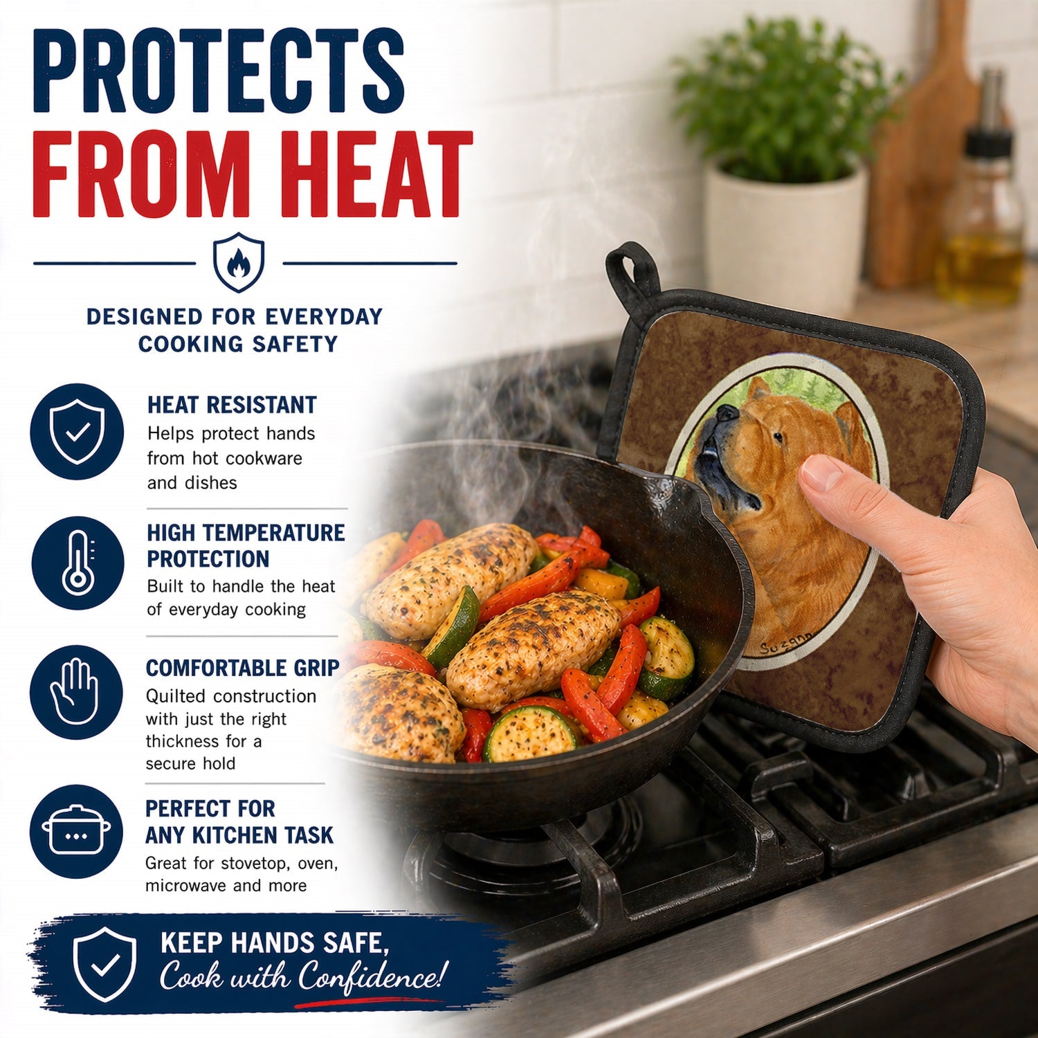 Chow Chow Pot Holder Set of 2 Heat Resistant Quilted Hot Pads 7.5 x 7.5 Inch, Insulated Kitchen Trivets for Cooking & Baking
