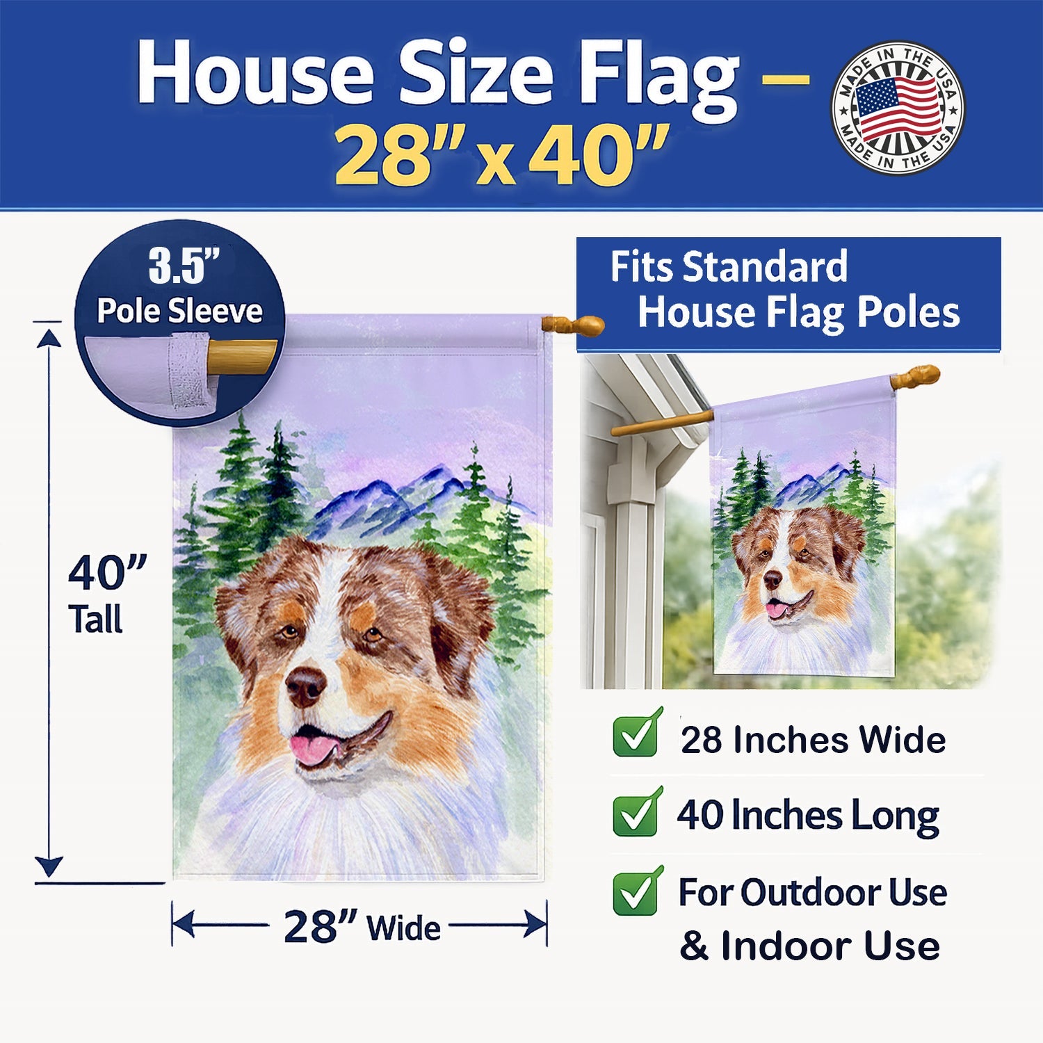 Australian Shepherd House Flag 28x40 Porch Sleeve Pole Decorative Outside Yard Banner Artwork Wall Hanging, Polyester