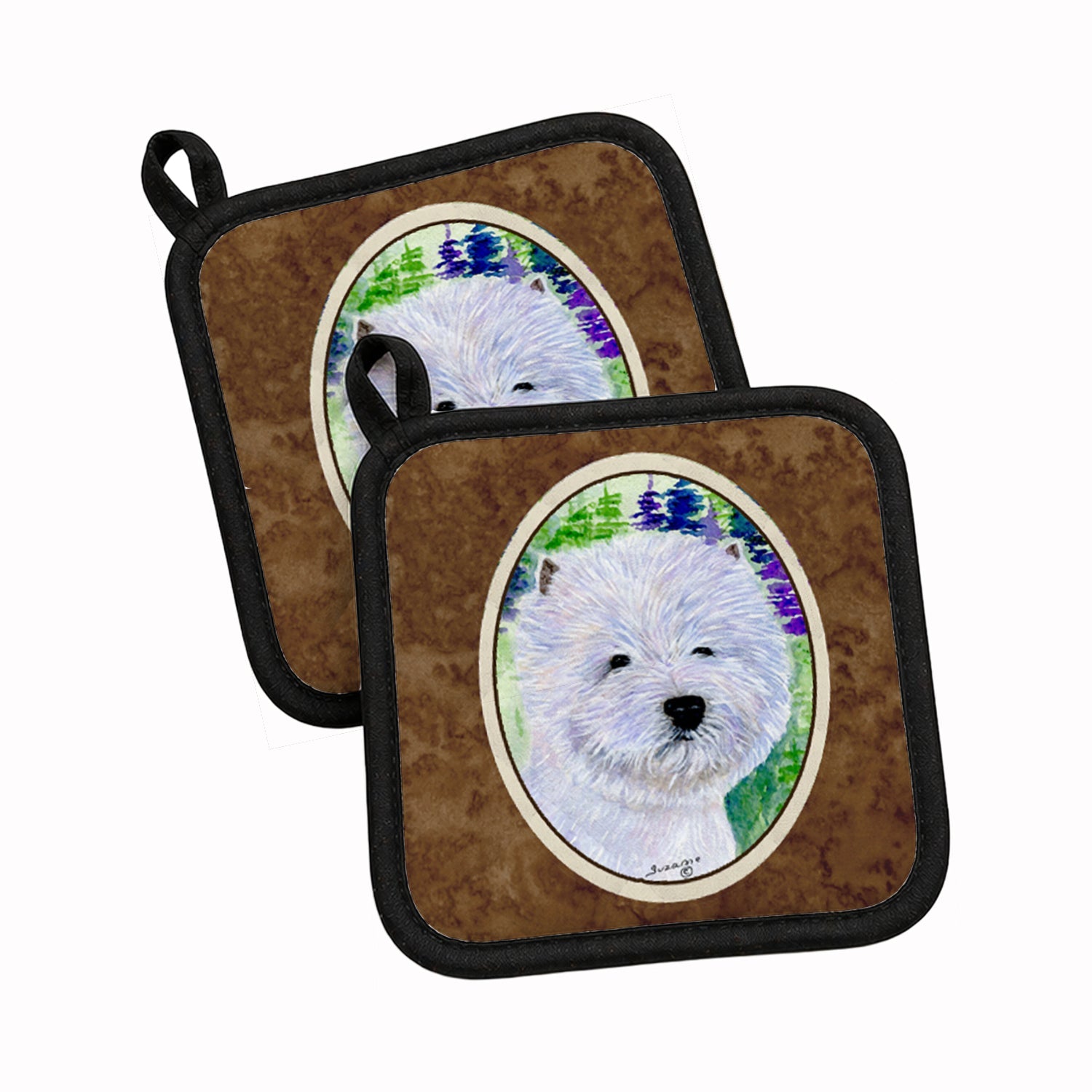 Westie Pot Holder Set of 2 Heat Resistant Quilted Hot Pads 7.5 x 7.5 Inch, Insulated Kitchen Trivets for Cooking & Baking