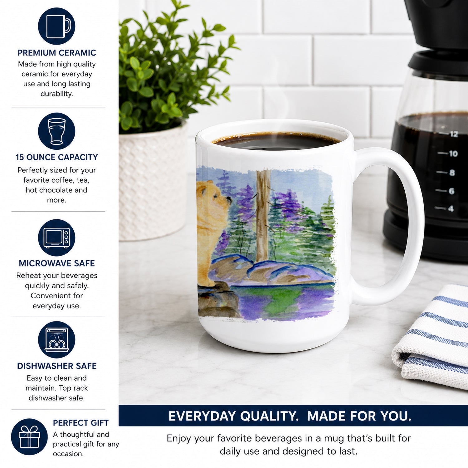 Chow Chow Ceramic Coffee Mug 15 oz Decorative Large C Handle Mug Cup for Tea, Cocoa Hot Chocolate