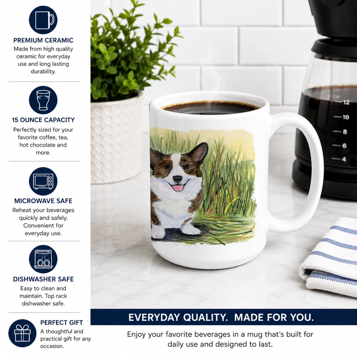 Corgi Ceramic Coffee Mug 15 oz Decorative Large C Handle Mug Cup for Tea, Cocoa Hot Chocolate