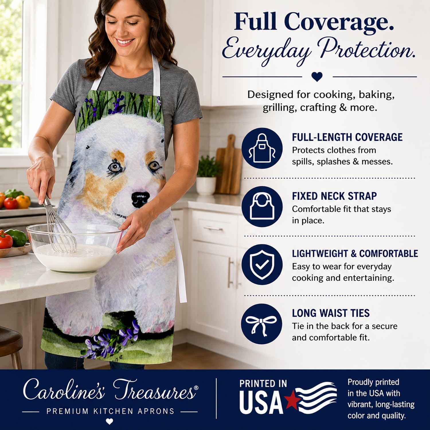 Australian Shepherd Apron Cooking Kitchen Server Baking Crafts Gardening for Adult Women Men, Unisex, Large, Multicolor