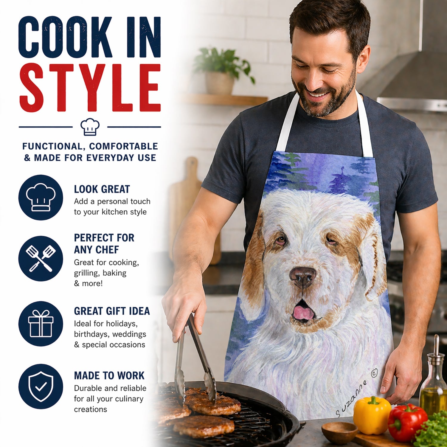Clumber Spaniel Apron Cooking Kitchen Server Baking Crafts Gardening for Adult Women Men, Unisex, Large, Multicolor