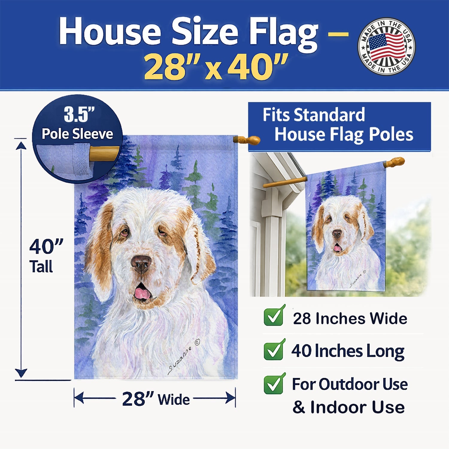 Clumber Spaniel House Flag 28x40 Porch Sleeve Pole Decorative Outside Yard Banner Artwork Wall Hanging, Polyester