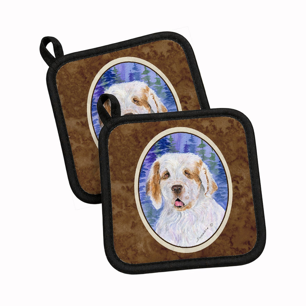Clumber Spaniel Pot Holder Set of 2 Heat Resistant Quilted Hot Pads 7.5 x 7.5 Inch, Insulated Kitchen Trivets for Cooking & Baking
