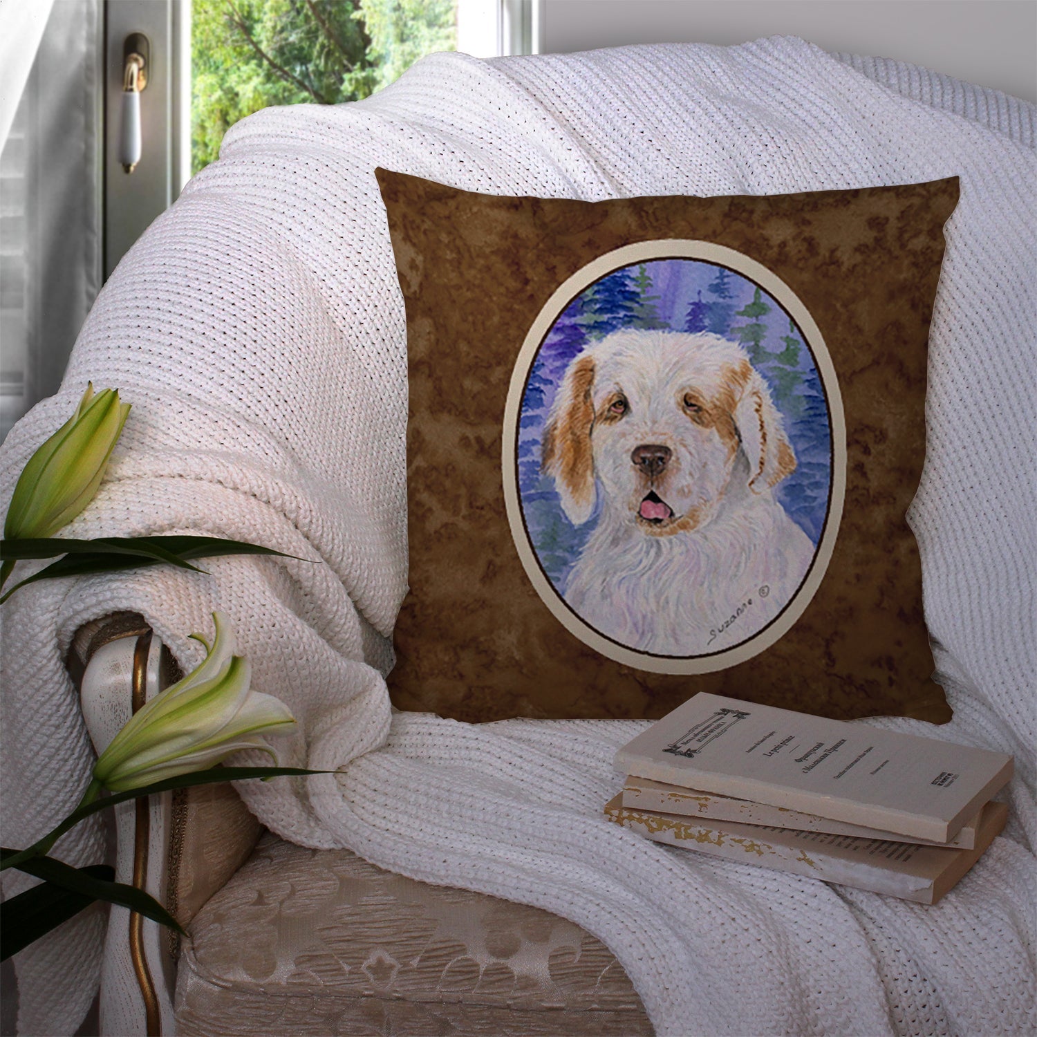 Clumber Spaniel Decorative Throw Pillow 14x14 Indoor Outdoor Accent Cushion, Fabric Cover with Insert for Sofa, Bed, Porch & Living Room