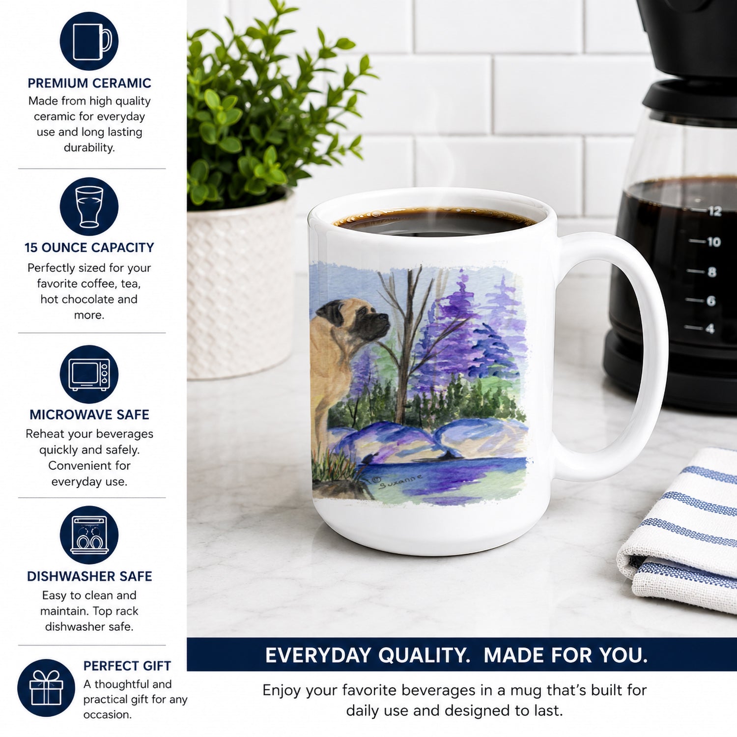 Mastiff Ceramic Coffee Mug 15 oz Decorative Large C Handle Mug Cup for Tea, Cocoa Hot Chocolate
