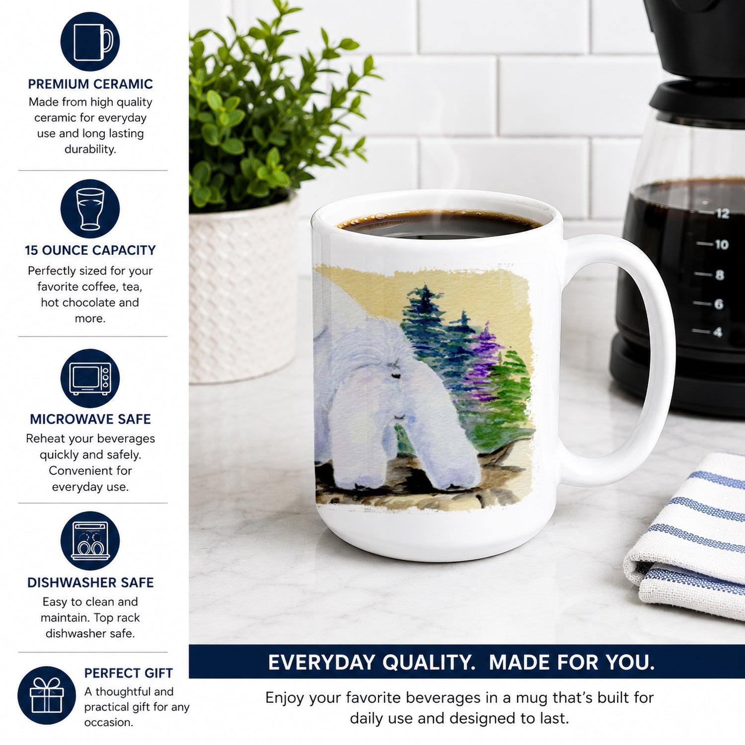 Bichon Frise Ceramic Coffee Mug 15 oz Decorative Large C Handle Mug Cup for Tea, Cocoa Hot Chocolate