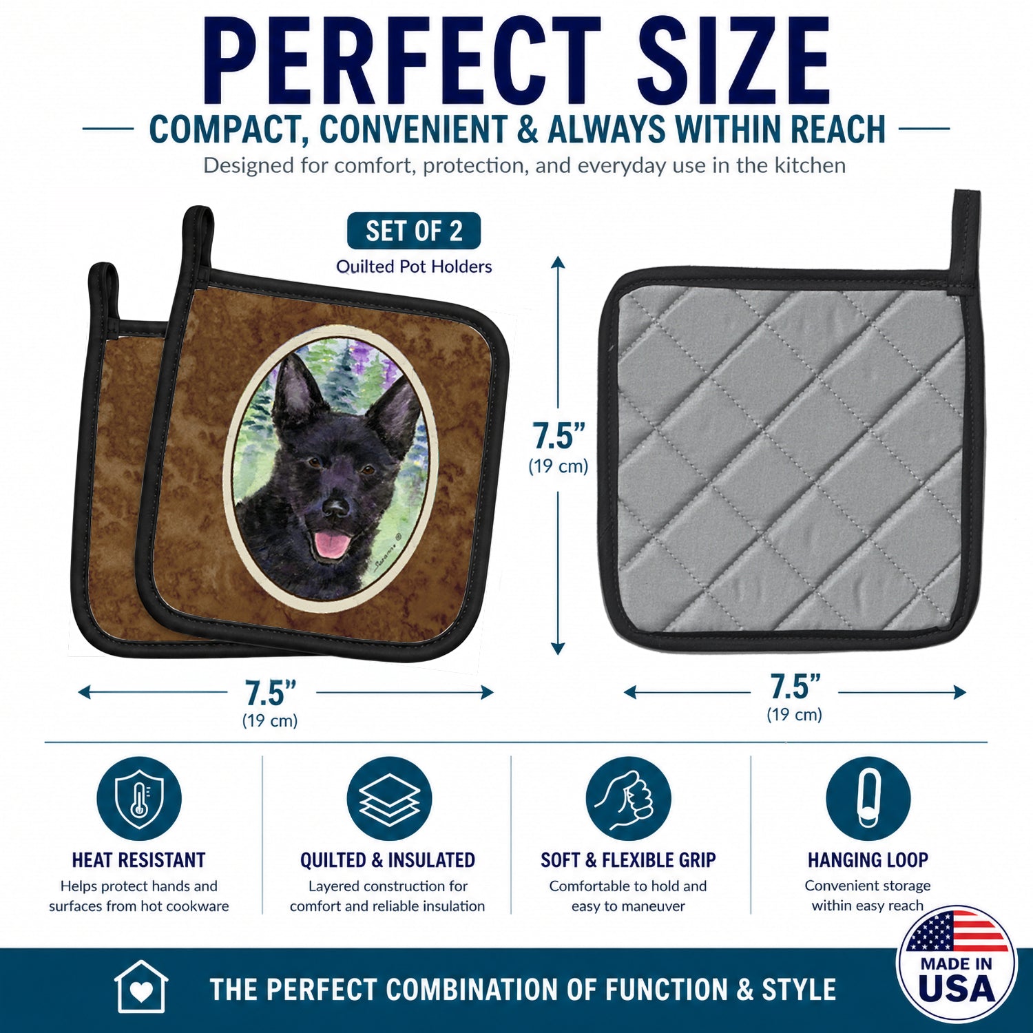 Australian Kelpie Pot Holder Set of 2 Heat Resistant Quilted Hot Pads 7.5 x 7.5 Inch, Insulated Kitchen Trivets for Cooking & Baking