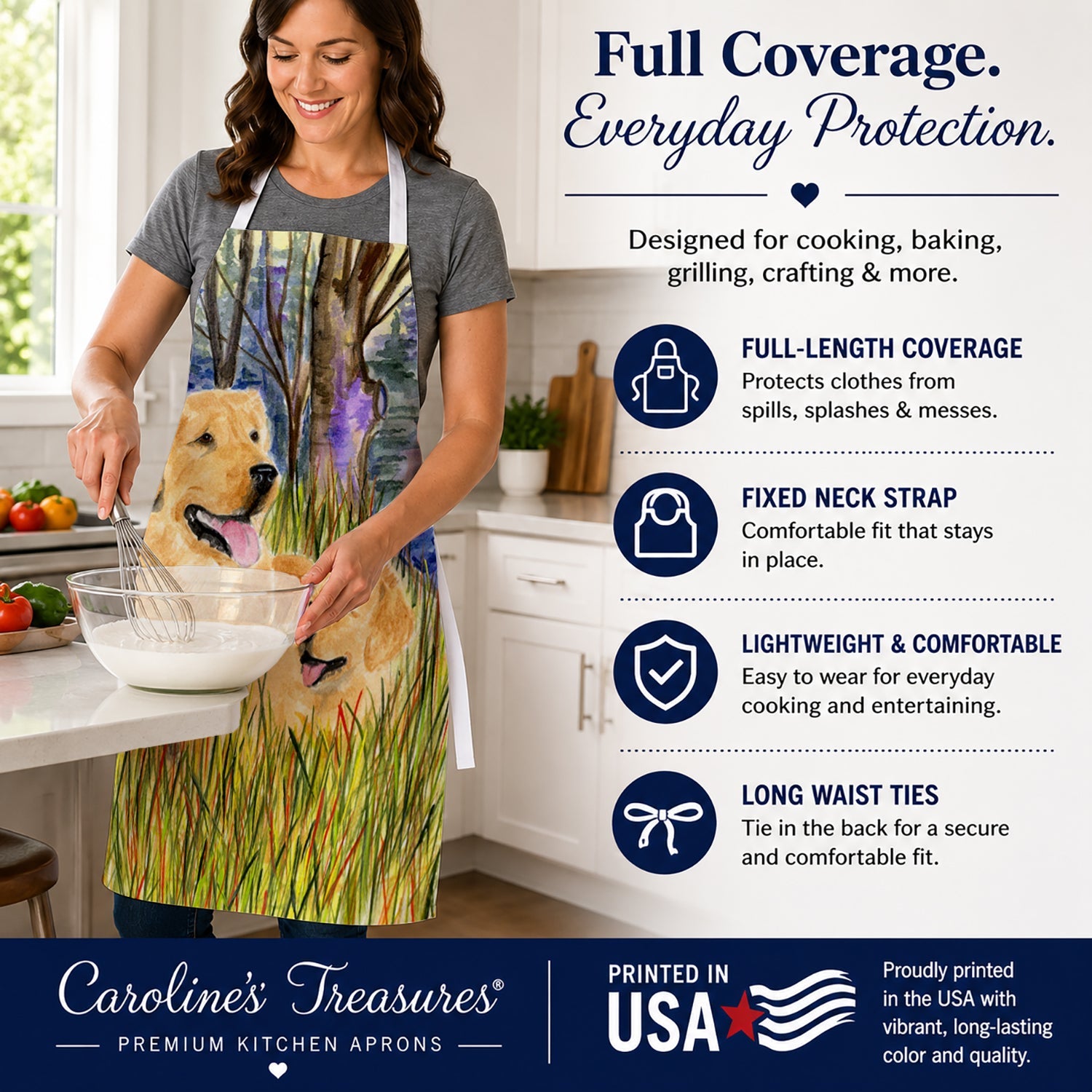 Golden Retriever Apron Cooking Kitchen Server Baking Crafts Gardening for Adult Women Men, Unisex, Large, Multicolor