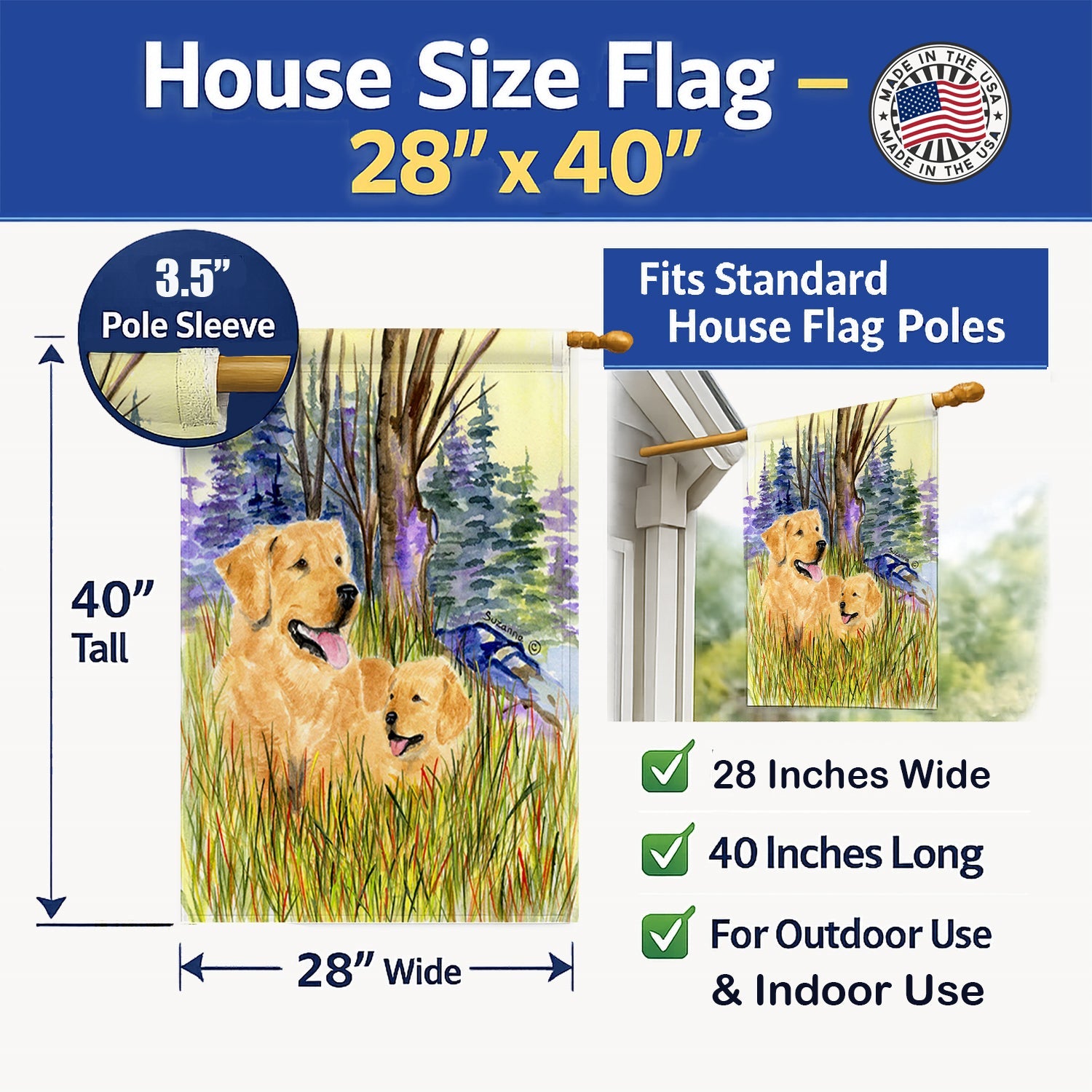 Golden Retriever House Flag 28x40 Porch Sleeve Pole Decorative Outside Yard Banner Artwork Wall Hanging, Polyester