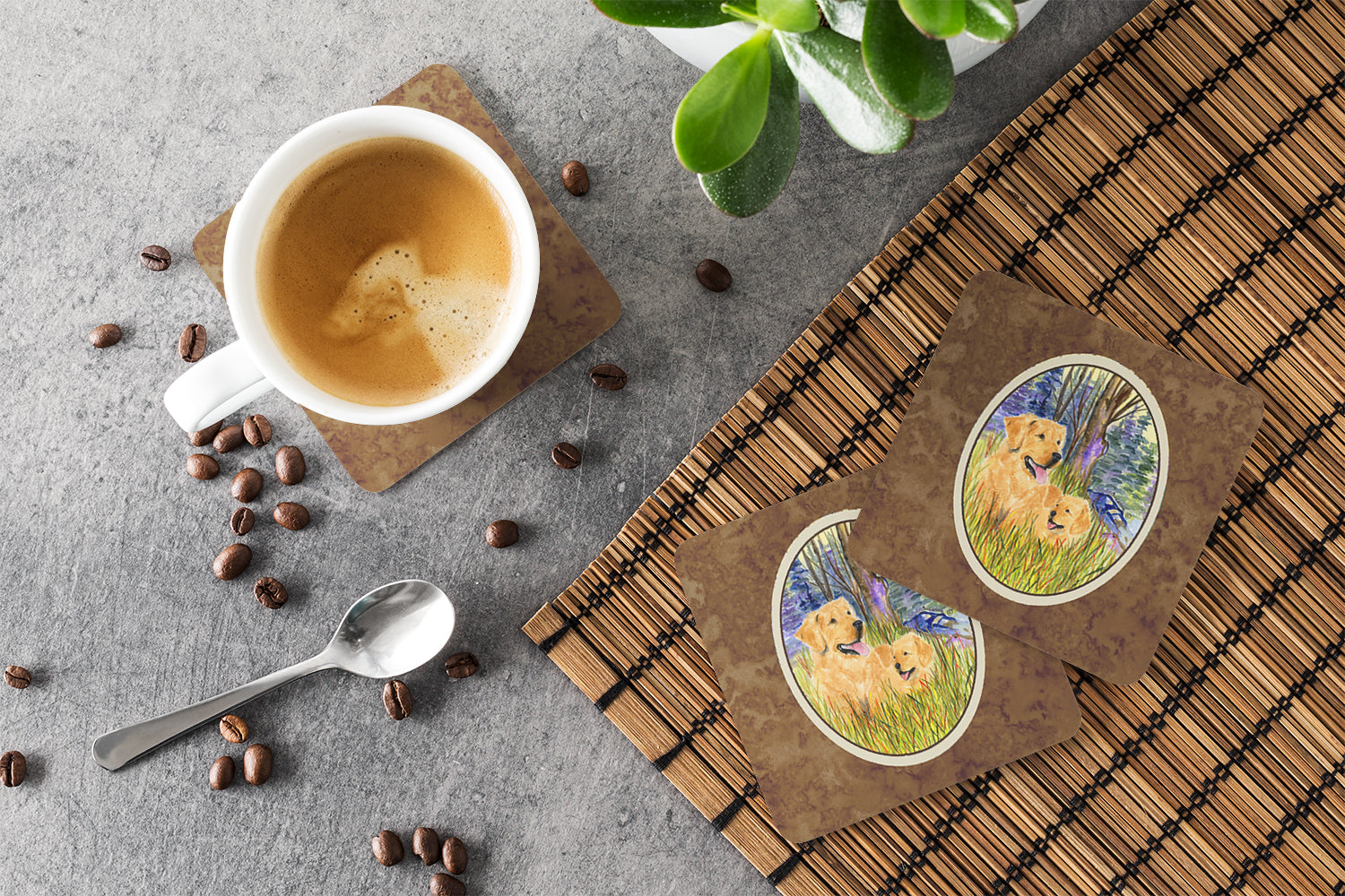 Golden Retriever Foam Coasters Set of 4 Cup Coasters for Indoor Outdoor, Tabletop Protection, Anti Slip, Mouse pad Material