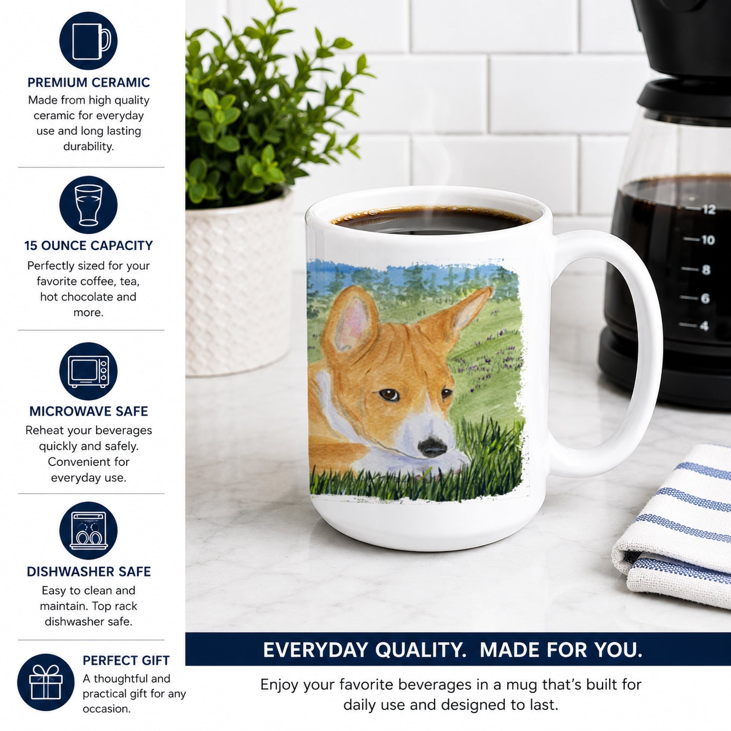 Basenji Ceramic Coffee Mug 15 oz Decorative Large C Handle Mug Cup for Tea, Cocoa Hot Chocolate
