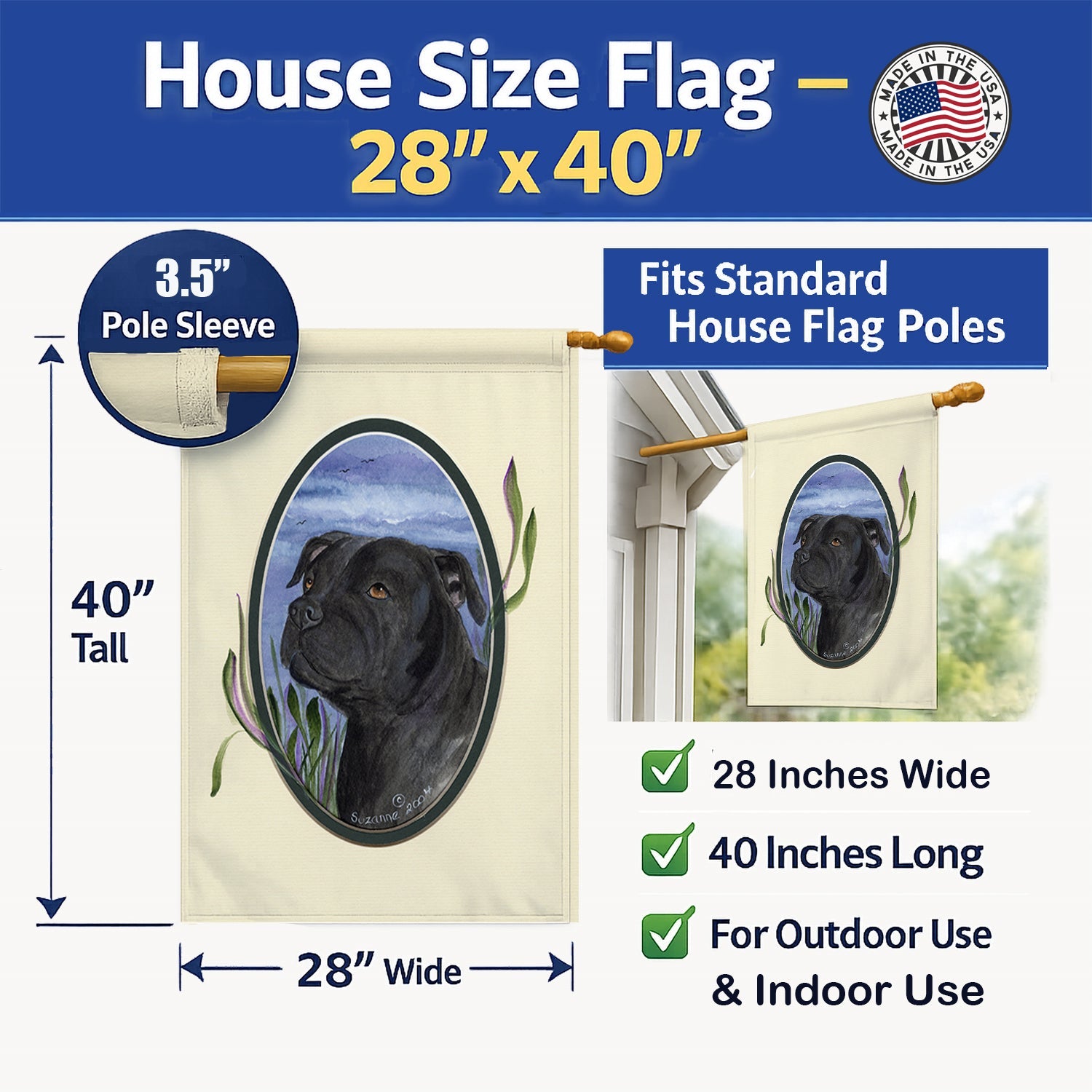 Staffie House Flag 28x40 Porch Sleeve Pole Decorative Outside Yard Banner Artwork Wall Hanging, Polyester