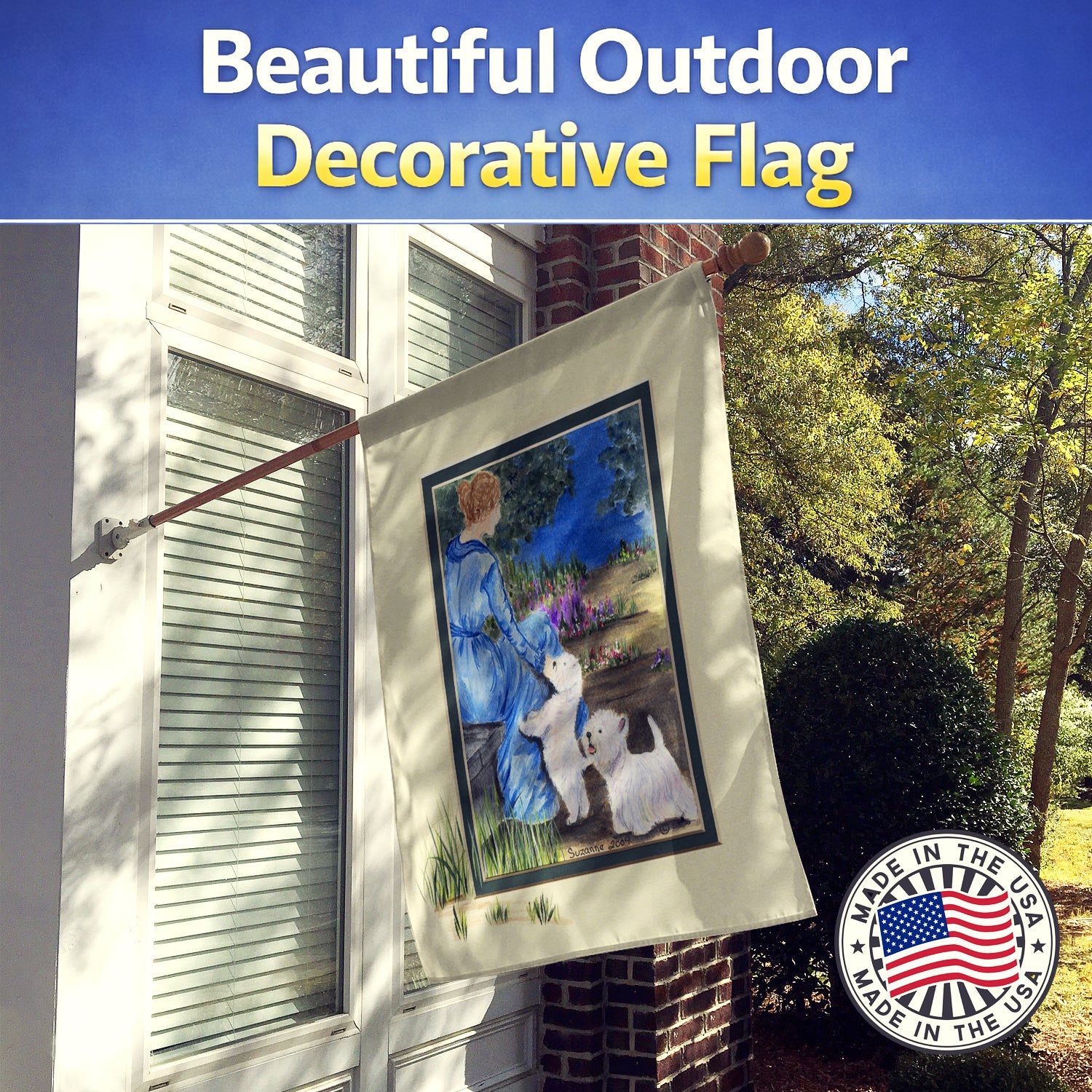 Lady with her  Westie House Flag 28x40 Porch Sleeve Pole Decorative Outside Yard Banner Artwork Wall Hanging, Polyester
