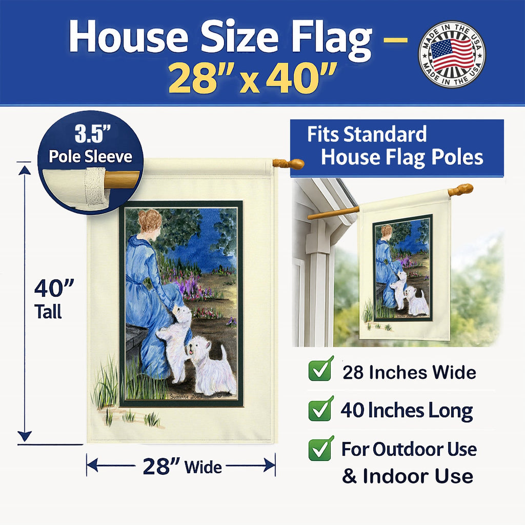 Lady with her  Westie House Flag 28x40 Porch Sleeve Pole Decorative Outside Yard Banner Artwork Wall Hanging, Polyester