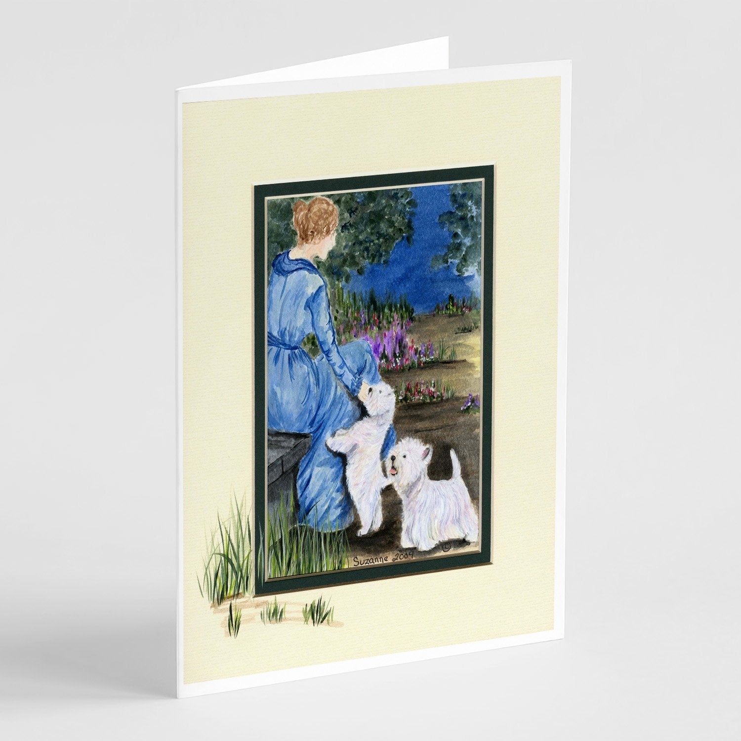 Lady with her  Westie Greeting Cards Pack of 8 Blank Cards with Envelopes Whimsical A7 Size 5x7