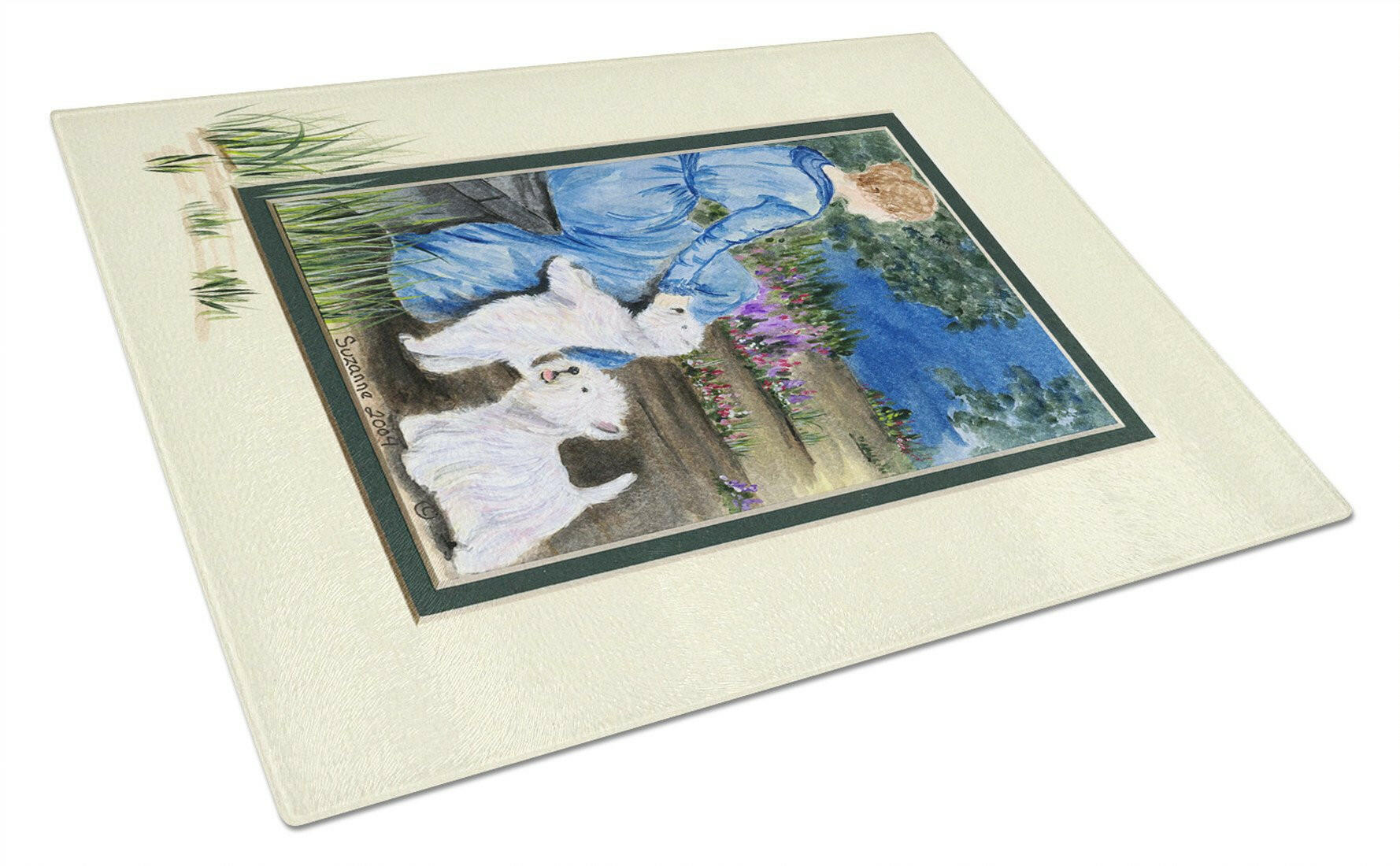 Lady with her  Westie Cutting Board Tempered Glass Kitchen Cutting Surface, Heat Resistant Chopping, Non-Slip Feet, Food Prep & Serving