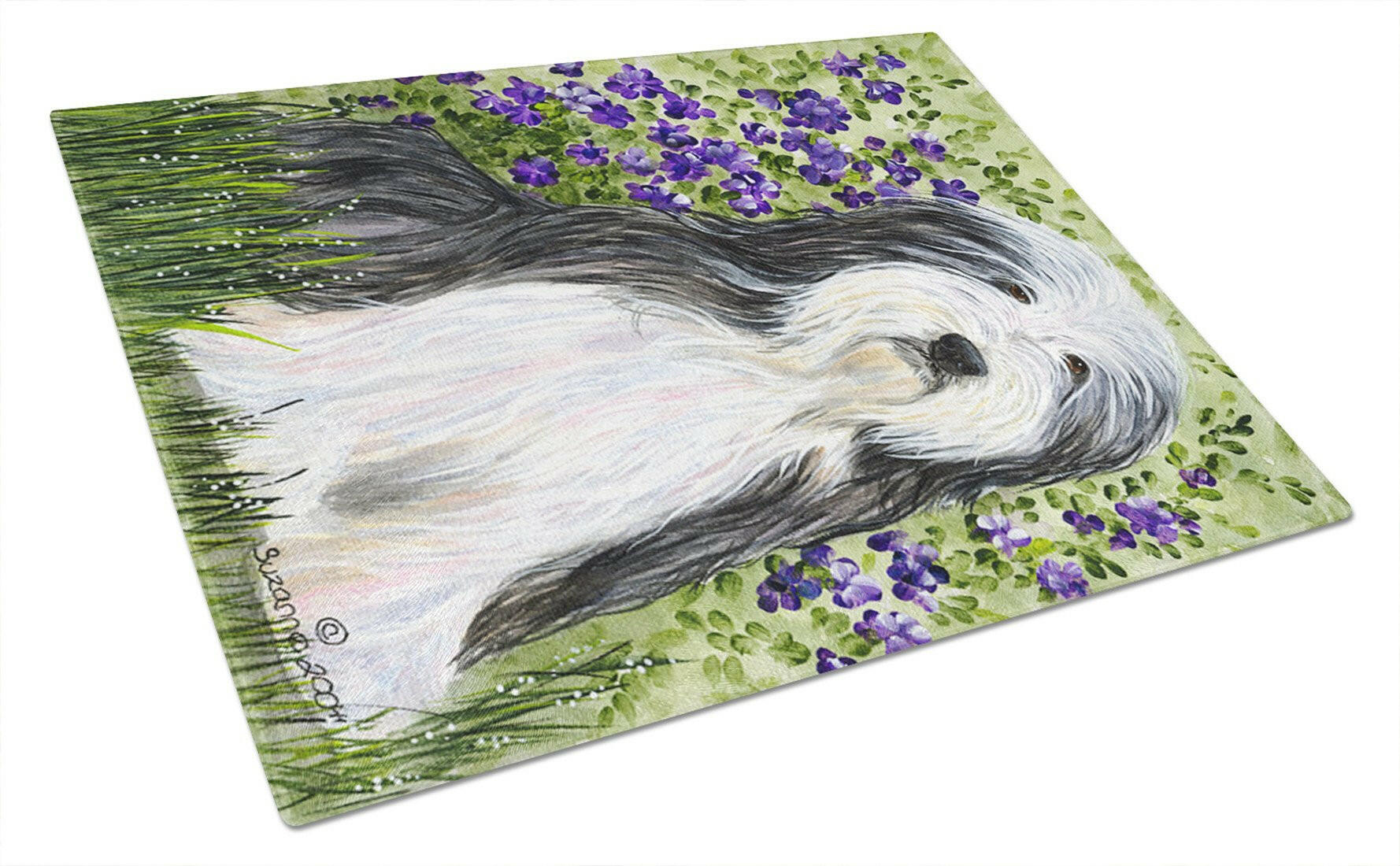 Bearded Collie Cutting Board Tempered Glass Kitchen Cutting Surface, Heat Resistant Chopping, Non-Slip Feet, Food Prep & Serving