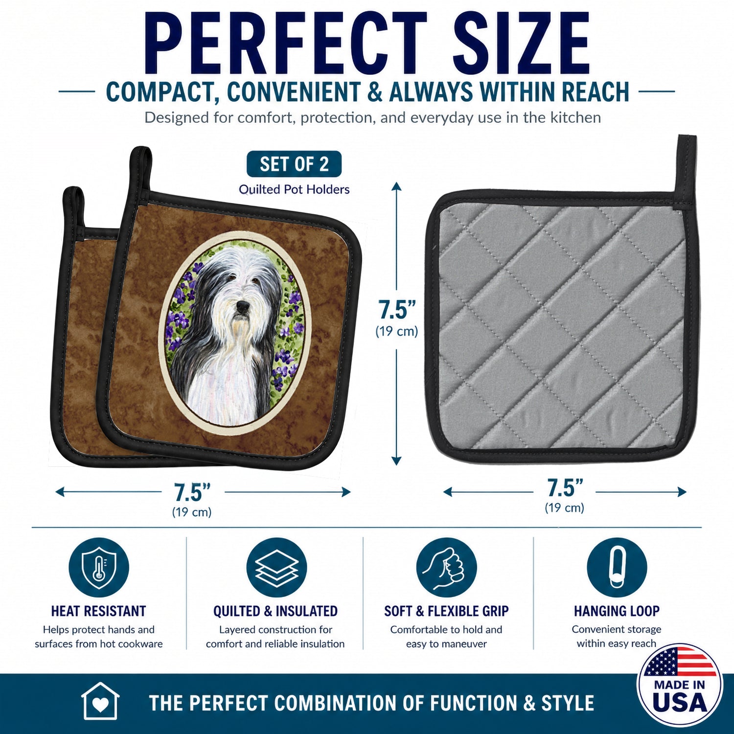 Bearded Collie Pot Holder Set of 2 Heat Resistant Quilted Hot Pads 7.5 x 7.5 Inch, Insulated Kitchen Trivets for Cooking & Baking