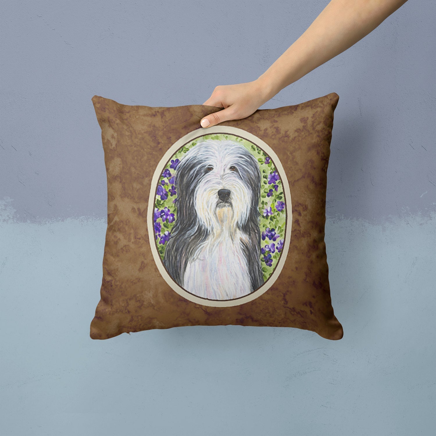 Bearded Collie Decorative Throw Pillow 14x14 Indoor Outdoor Accent Cushion, Fabric Cover with Insert for Sofa, Bed, Porch & Living Room