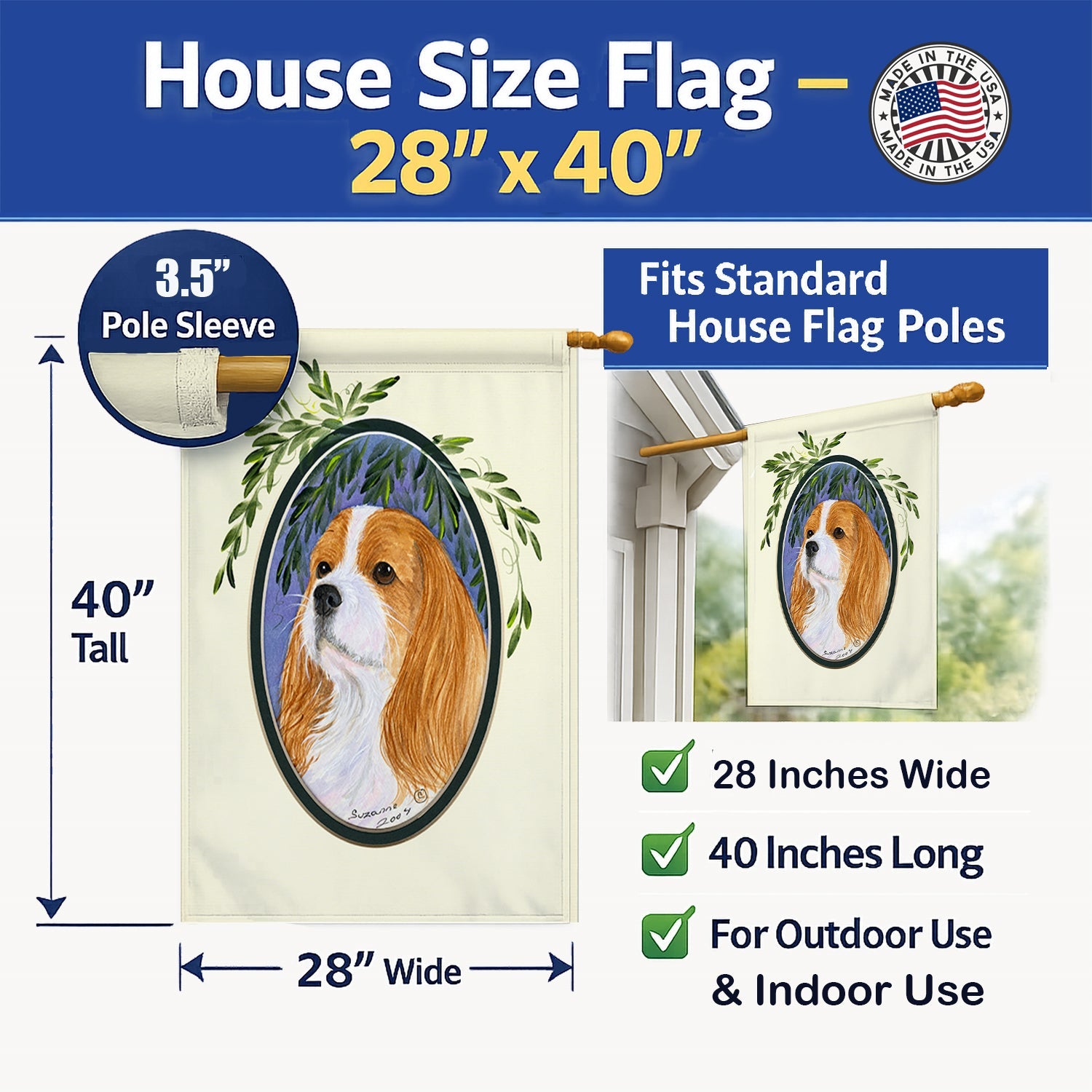 Cavalier Spaniel House Flag 28x40 Porch Sleeve Pole Decorative Outside Yard Banner Artwork Wall Hanging, Polyester