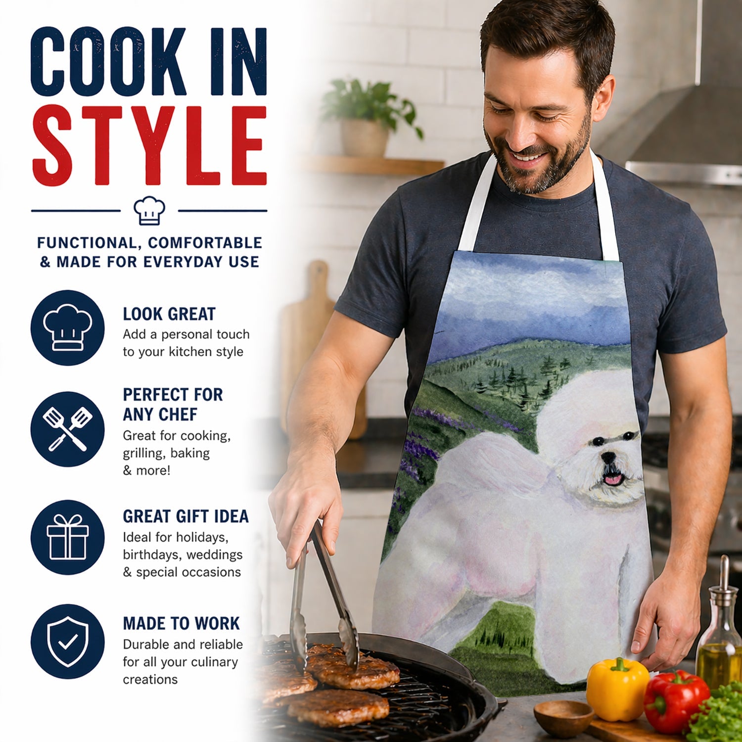 Bichon Frise Apron Cooking Kitchen Server Baking Crafts Gardening for Adult Women Men, Unisex, Large, Multicolor