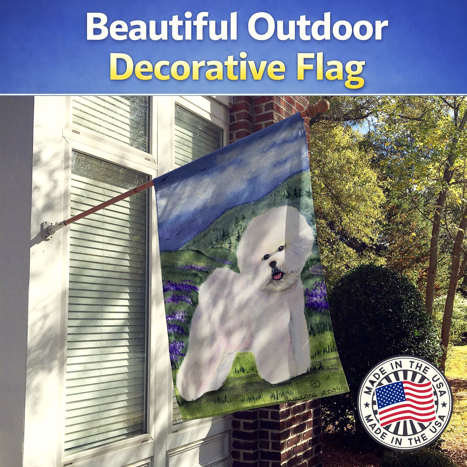 Bichon Frise House Flag 28x40 Porch Sleeve Pole Decorative Outside Yard Banner Artwork Wall Hanging, Polyester