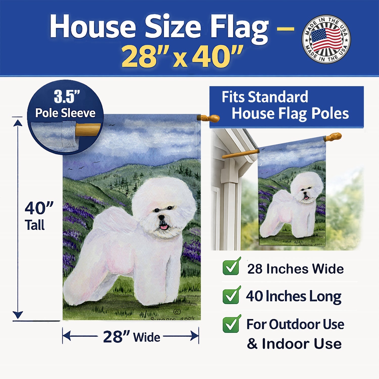 Bichon Frise House Flag 28x40 Porch Sleeve Pole Decorative Outside Yard Banner Artwork Wall Hanging, Polyester