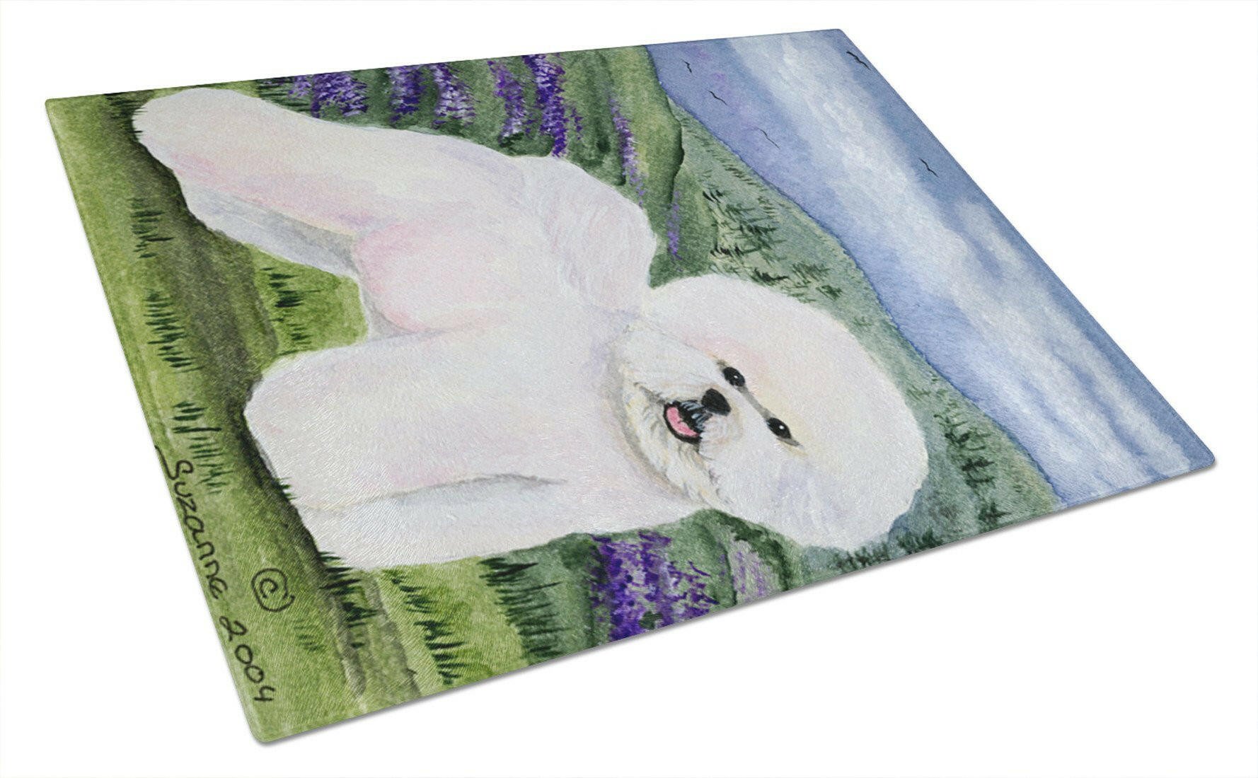 Bichon Frise Cutting Board Tempered Glass Kitchen Cutting Surface, Heat Resistant Chopping, Non-Slip Feet, Food Prep & Serving