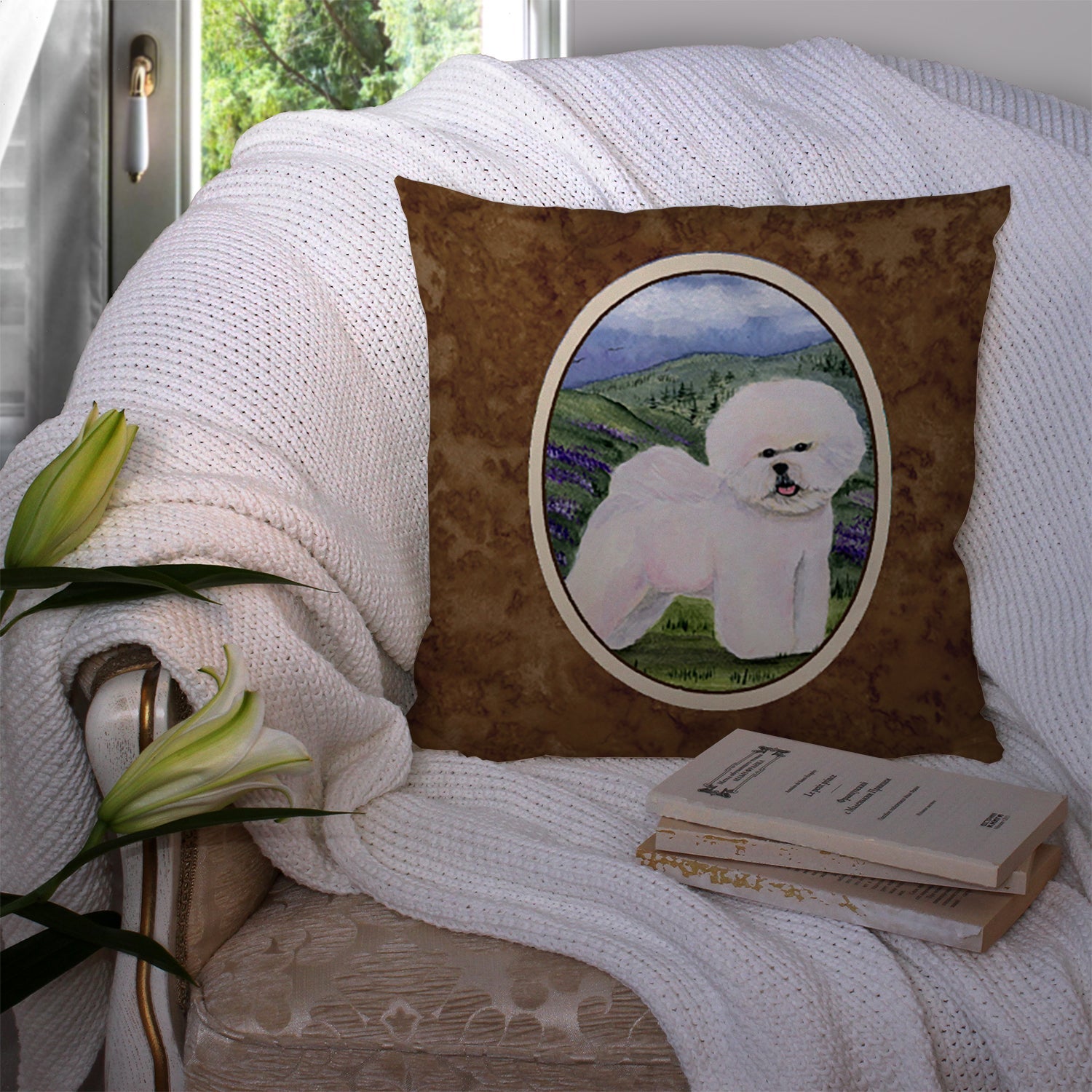 Bichon Frise Decorative Throw Pillow 14x14 Indoor Outdoor Accent Cushion, Fabric Cover with Insert for Sofa, Bed, Porch & Living Room
