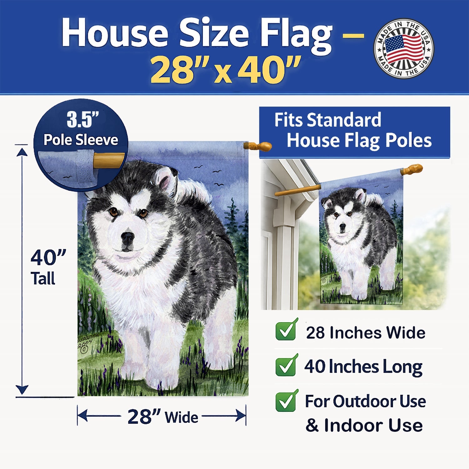 Alaskan Malamute House Flag 28x40 Porch Sleeve Pole Decorative Outside Yard Banner Artwork Wall Hanging, Polyester