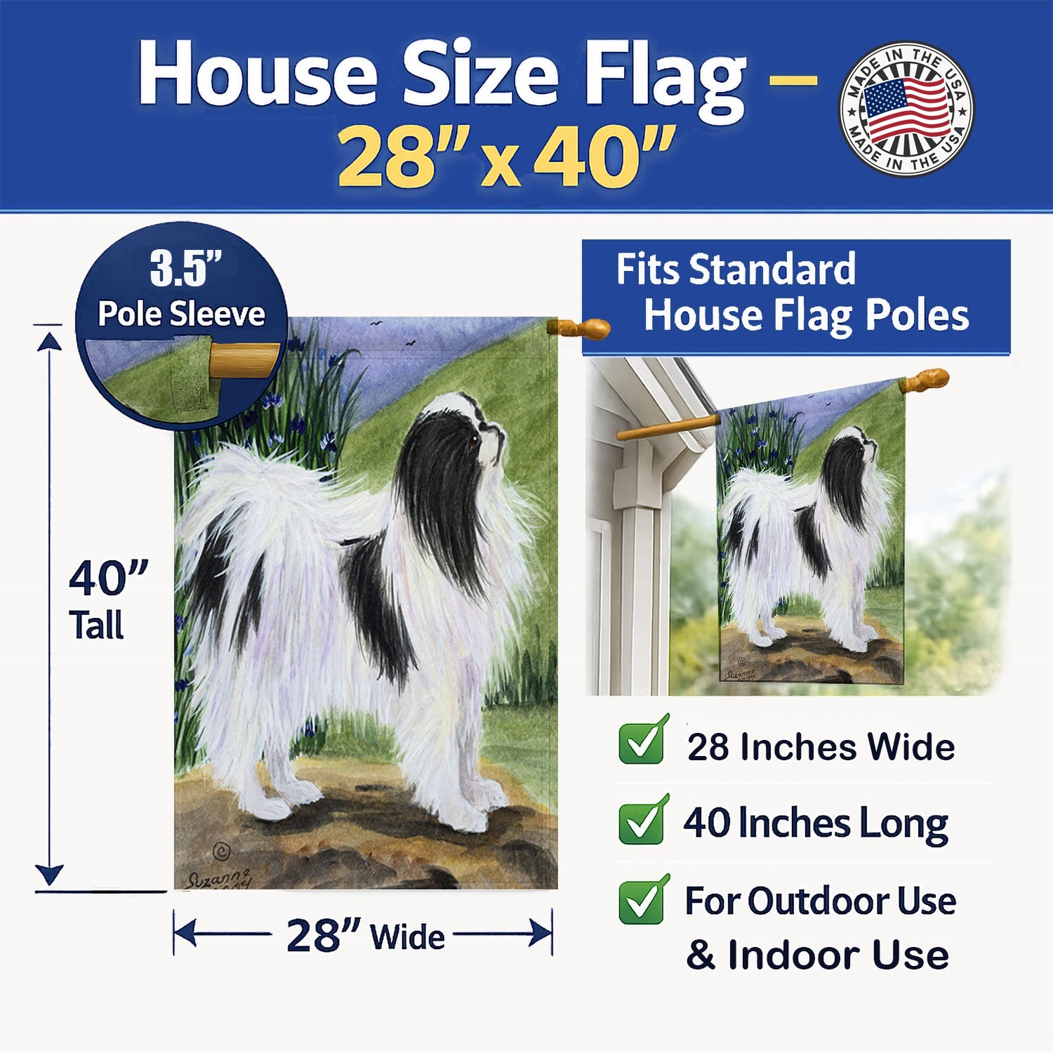 Japanese Chin House Flag 28x40 Porch Sleeve Pole Decorative Outside Yard Banner Artwork Wall Hanging, Polyester
