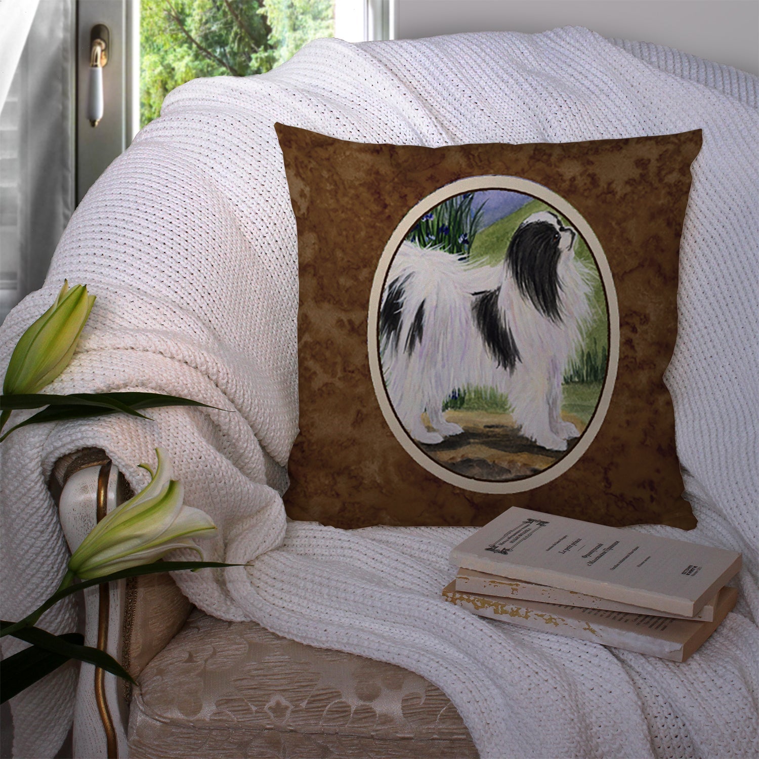 Japanese Chin Decorative Throw Pillow 14x14 Indoor Outdoor Accent Cushion, Fabric Cover with Insert for Sofa, Bed, Porch & Living Room