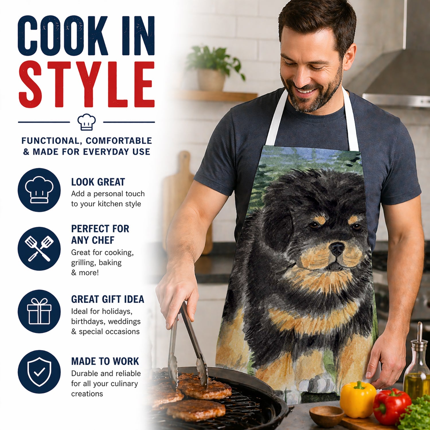 Tibetan Mastiff Apron Cooking Kitchen Server Baking Crafts Gardening for Adult Women Men, Unisex, Large, Multicolor