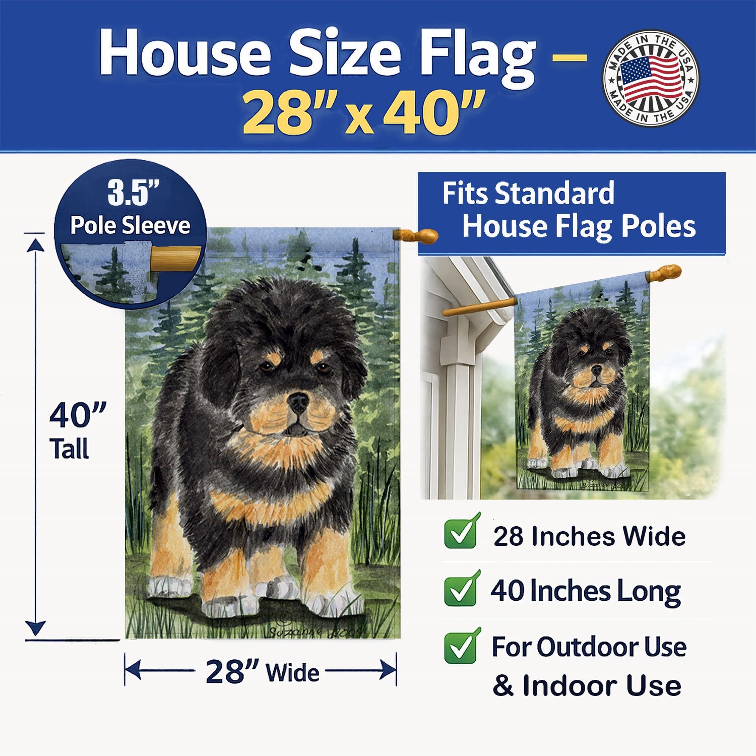 Tibetan Mastiff House Flag 28x40 Porch Sleeve Pole Decorative Outside Yard Banner Artwork Wall Hanging, Polyester
