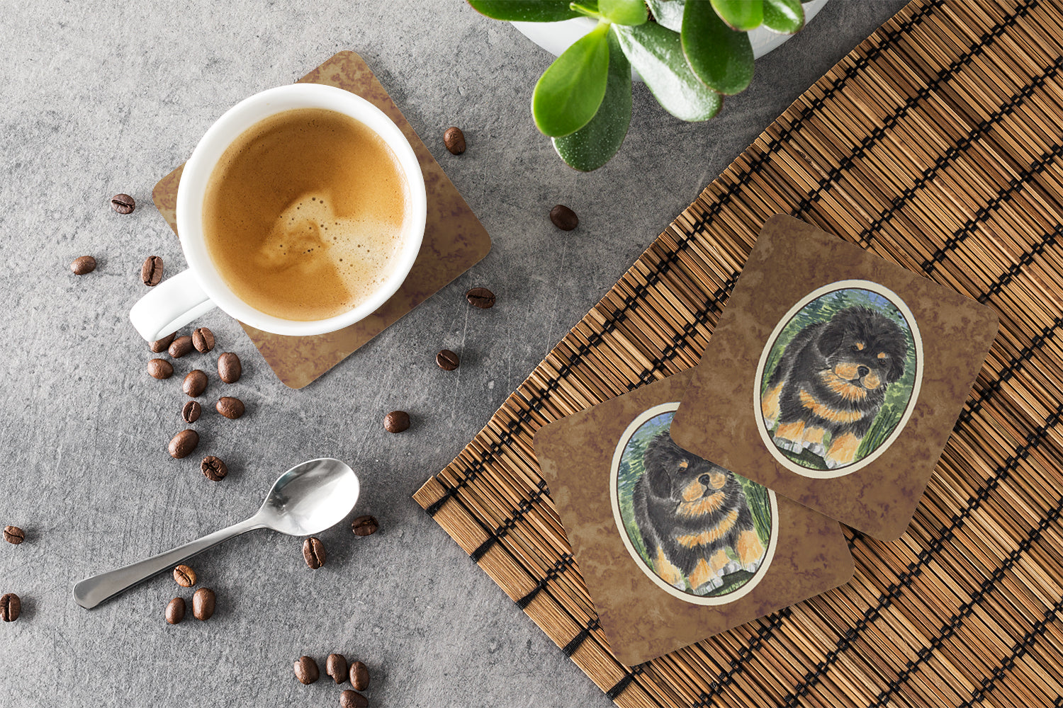Tibetan Mastiff Foam Coasters Set of 4 Cup Coasters for Indoor Outdoor, Tabletop Protection, Anti Slip, Mouse pad Material