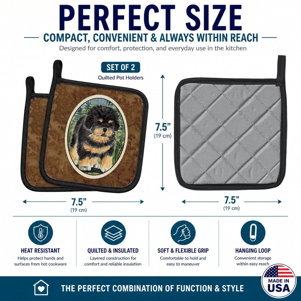 Tibetan Mastiff Pot Holder Set of 2 Heat Resistant Quilted Hot Pads 7.5 x 7.5 Inch, Insulated Kitchen Trivets for Cooking & Baking
