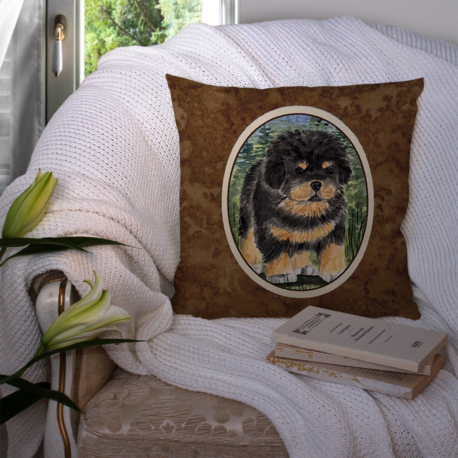 Tibetan Mastiff Decorative Throw Pillow 14x14 Indoor Outdoor Accent Cushion, Fabric Cover with Insert for Sofa, Bed, Porch & Living Room